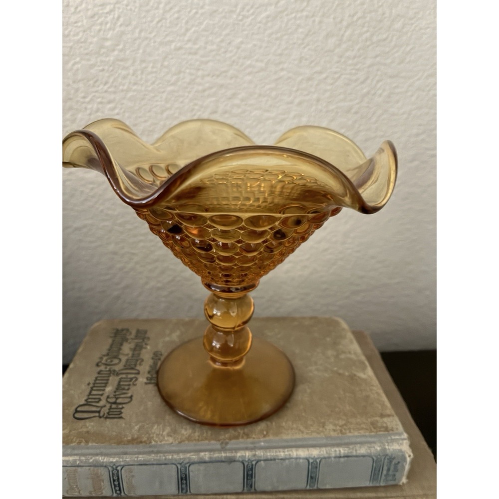 Amber Pressed Glass Hobnail Pedestal Compote Bowl, Ruffled Rim